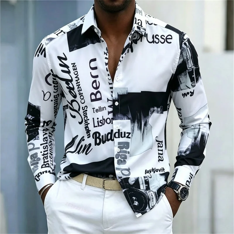 Mens Fashion Casual - Herrenhemd mit Print, Langarm, Slim-Fit mit