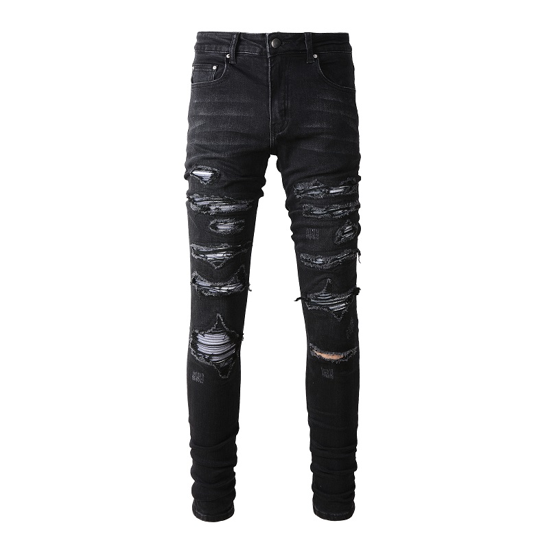 Skinny Jeans Ripped - Schwarze Distressed-Bandana-Jeans für Herren mit Patchwork-Löchern,