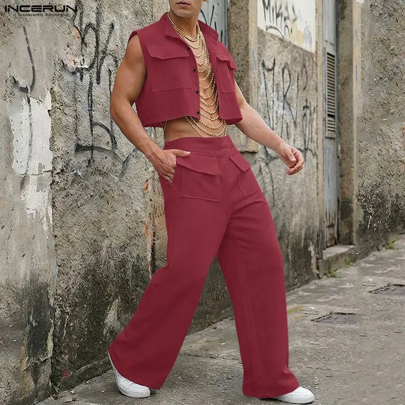 Men Fashion Upper - INCERUN Herren-Sets Einfarbiges Ärmelloses Crop-Top Hemd