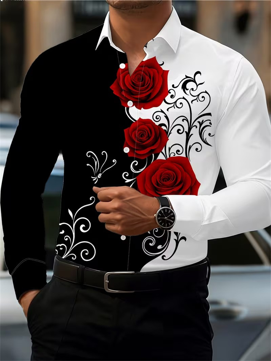 Mens Fashion Style - Herren Langarmhemd mit rotem Rosenmuster, modisch