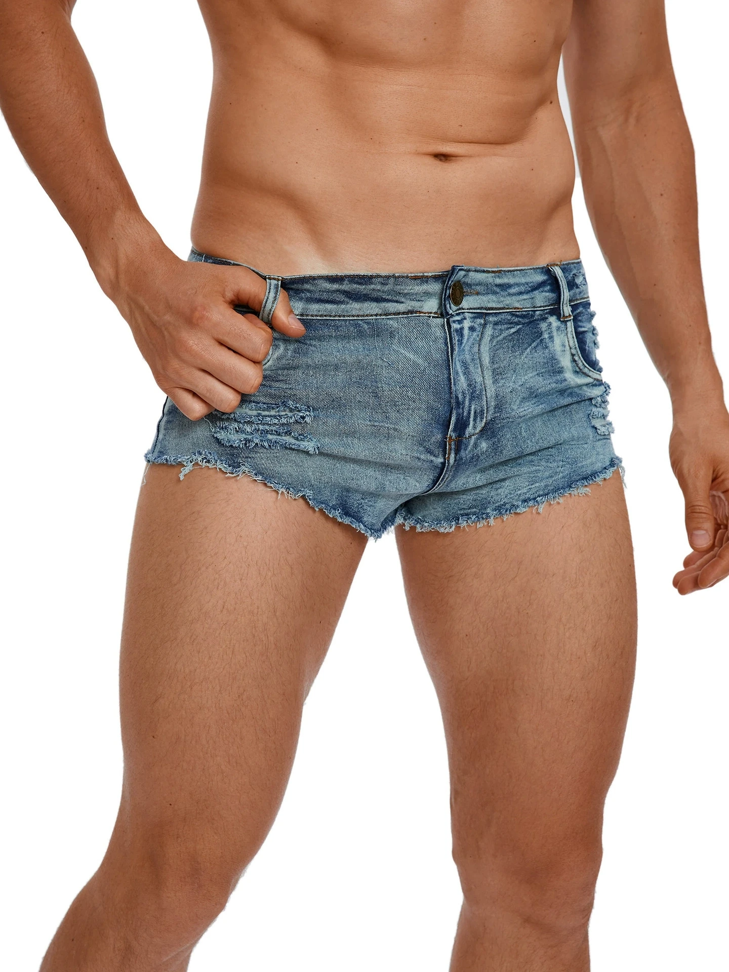 Skinny Jeans Ripped - Herren-Jeansshorts mit Niedriger Taille, Modische Taschen,