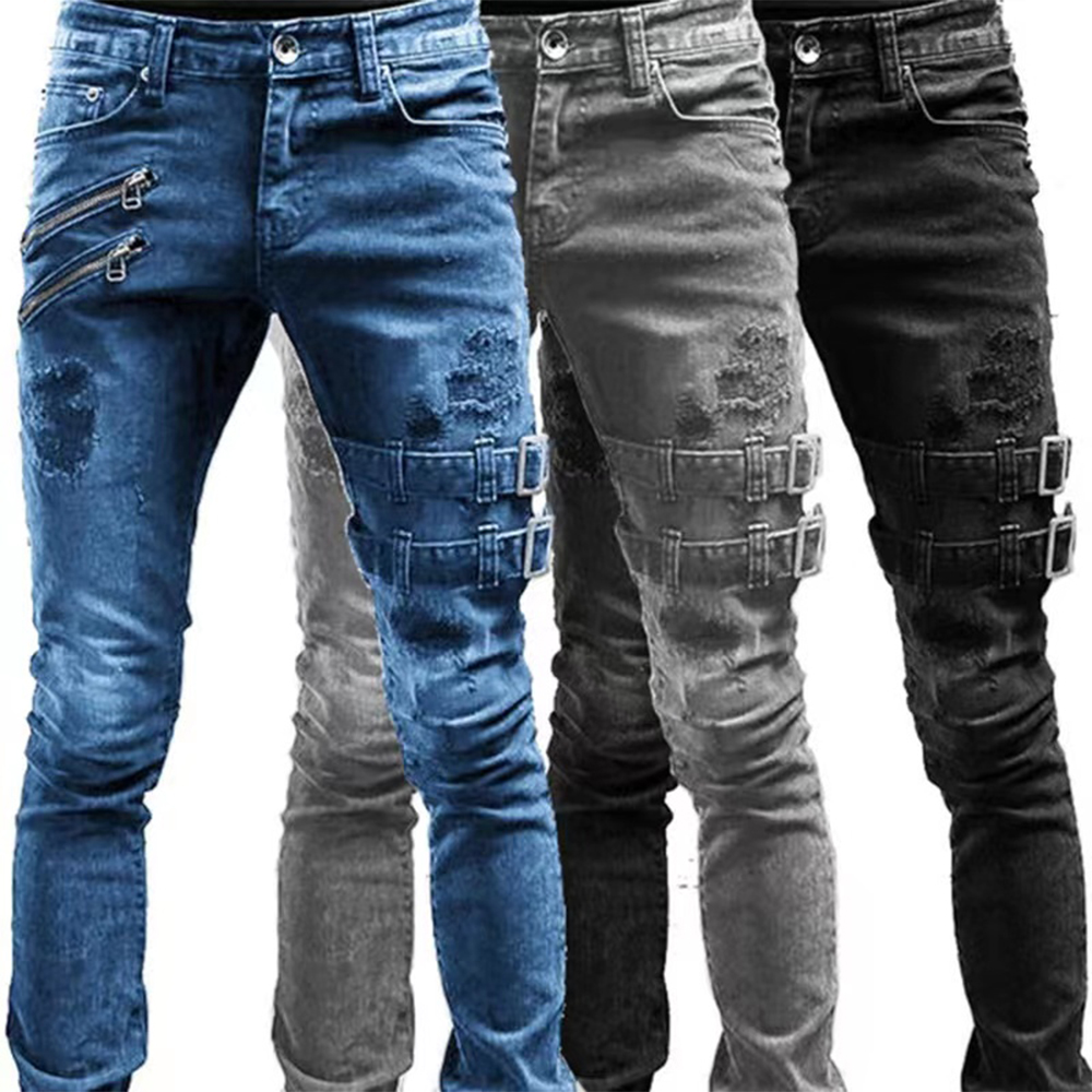 Skinny Jeans Ripped - Retro Moto Biker Gerade Elastische Jeans